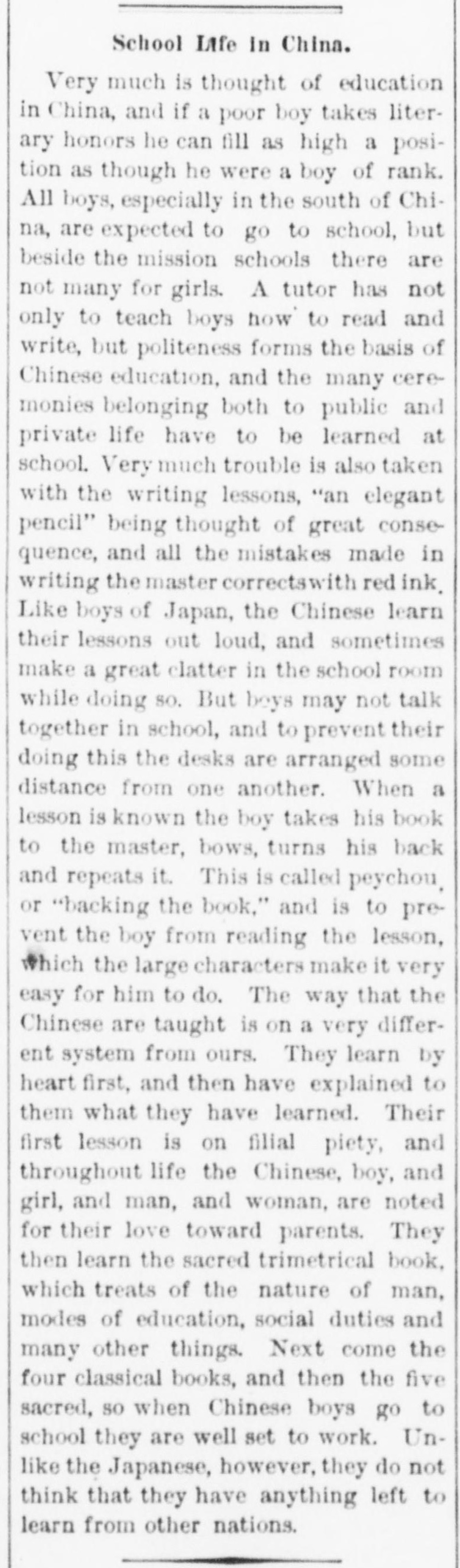 Newspaper clipping: School Life in China, Centre Democrat, October 4, 1883