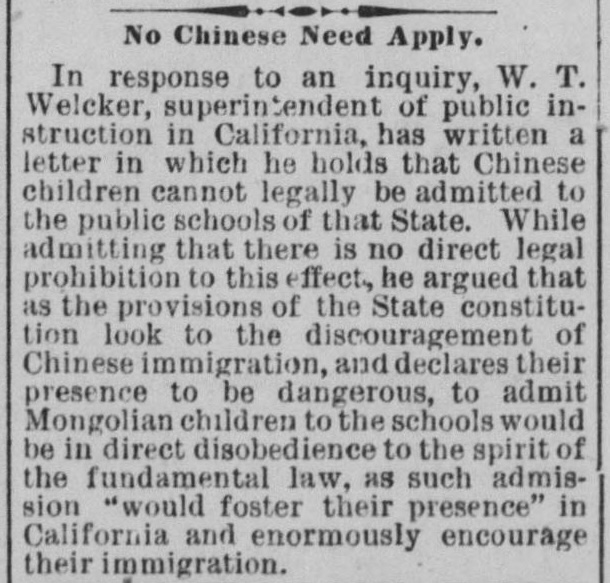 Newspaper clipping: No Chinese Need Apply, Charlotte Messenger, April 21, 1883