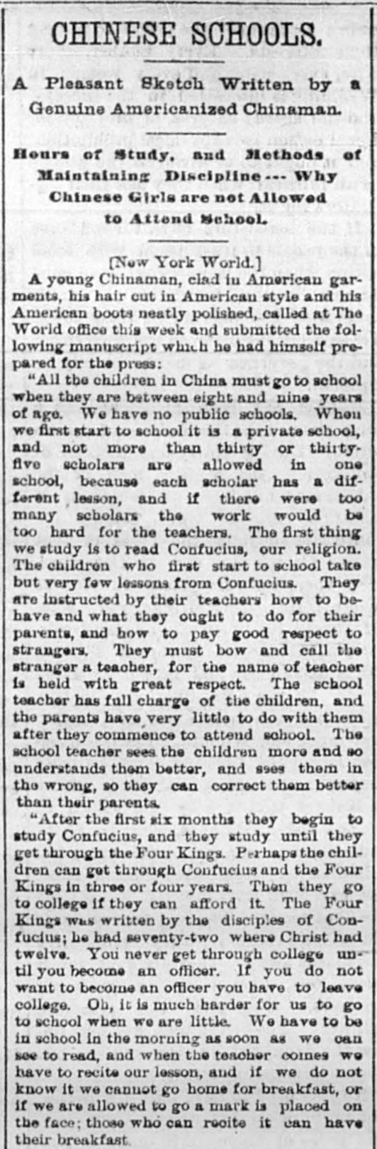 Newspaper clipping: Chinese Schools, The Democratic Leader, February 13, 1884
