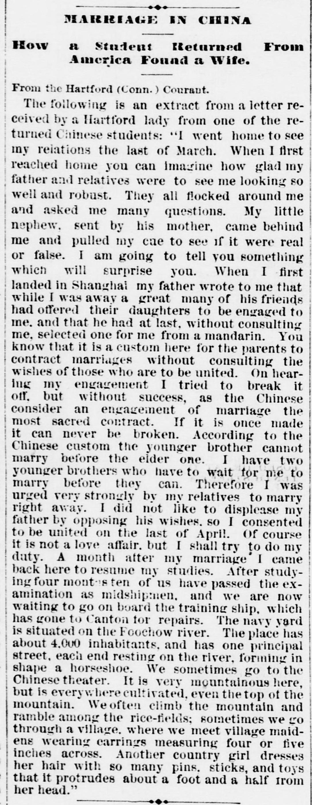 Newspaper clipping: Marriage in China, Evening Star, November 23, 1882