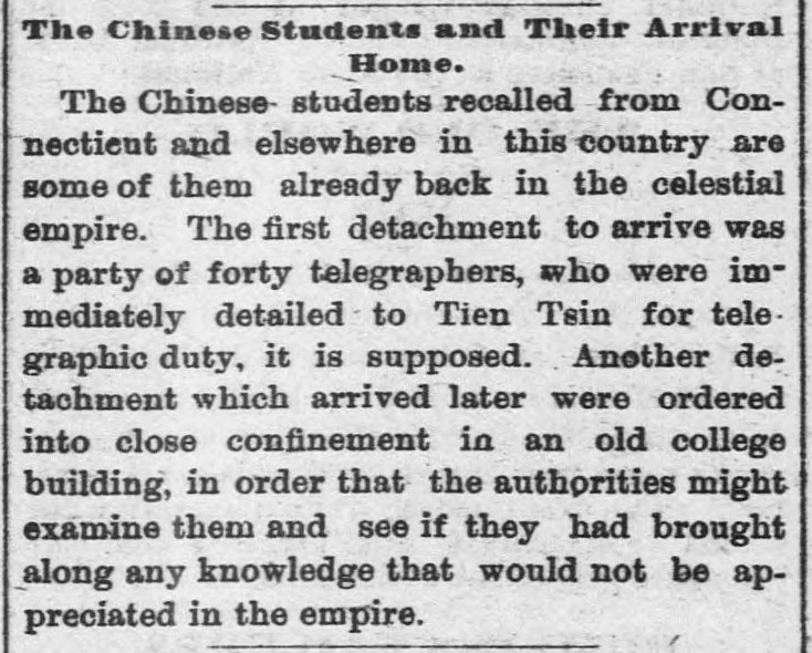 Newspaper clipping: Recalled Chinese Students at Work, Morning Journal and Courier, November 22, 1881