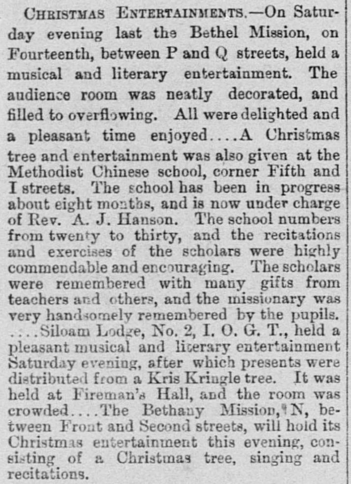 Newspaper clipping: Christmas Entertainments, Sacramento Daily Record-Union, December 27, 1880