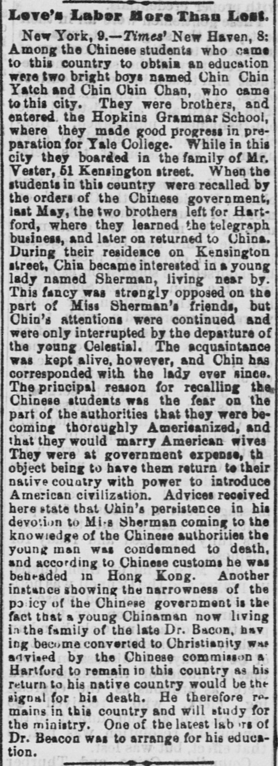 Newspaper clipping: Love's Labor More Than Lost, The Salt Lake Herald, January 10, 1882